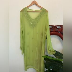 Women’s H.T. Beaded Embellished Green Sheer Tunic Cover Up